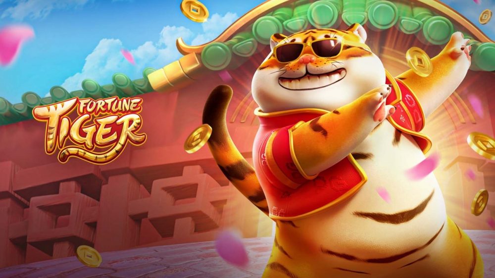 Tigre dourado simbólico do Fortune Tiger celebrando a vitória com moedas caindo ao redor.